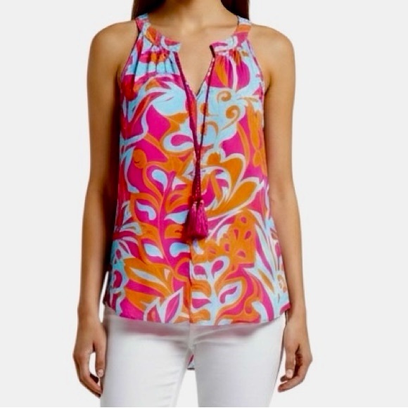 Rose & Olive Sleeveless Tassel Tie Neck Multicolor Floral Print High Low NWT XL - Picture 3 of 8